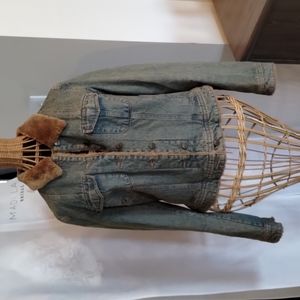 Distressed Denim Jacket with faux fur trim